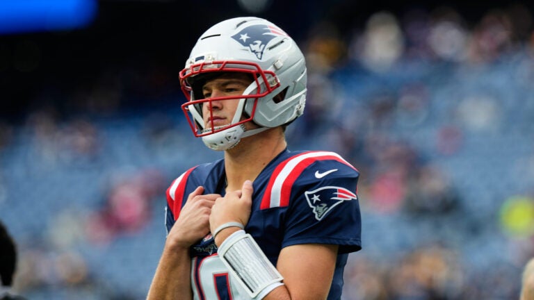New England Patriots quarterback Drake Maye (10) before an NFL football game against the New England Patriots, Sunday, Sept. 20, 2026, in Foxboro, Mass.