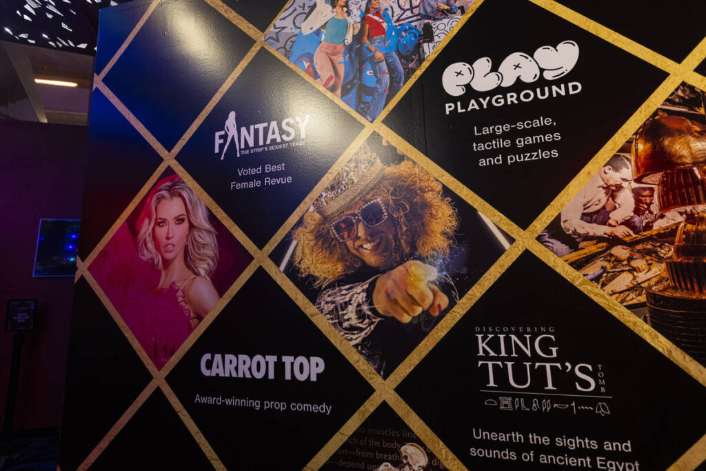 Signage for comedian Carrot Top is seen at Luxor on Monday, Sept. 21, 2026, in Las Vegas. (Chas ...