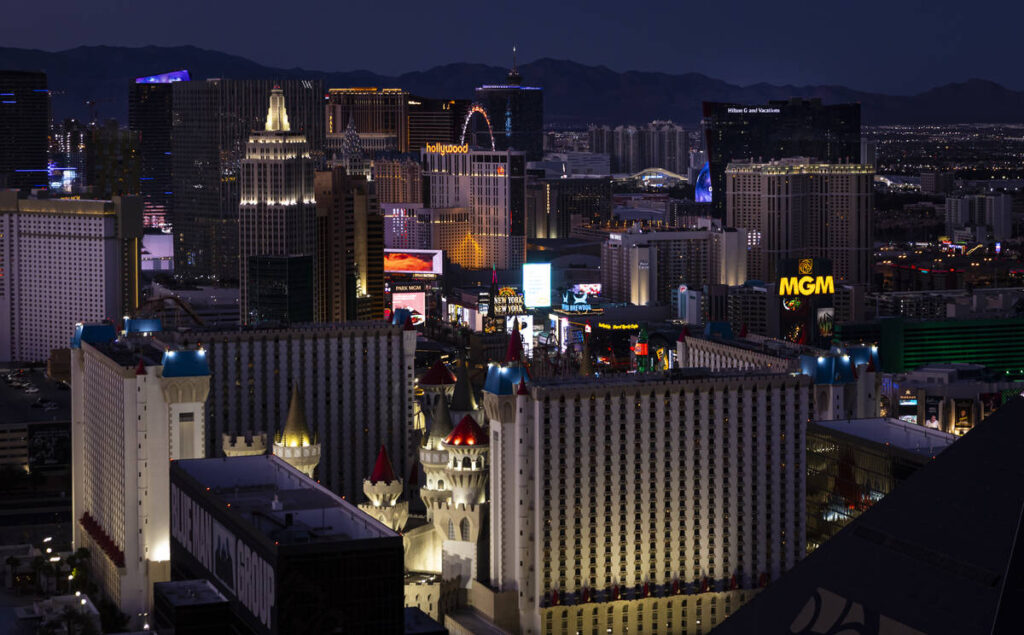The Las Vegas Strip is seen from Skyfall Lounge at the W Las Vegas on Thursday, March 5, 2026, ...