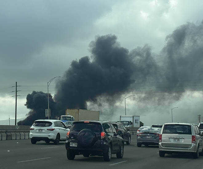 2026 Sept 30 CTY - Photo by Michelle Bir / Special to the Honolulu Star-Advertiser.

Heavy black smoke rises from a fire seen from H-1 Freeway westbound near Waipahu, Hawaii, on Sept. 30, 2026.