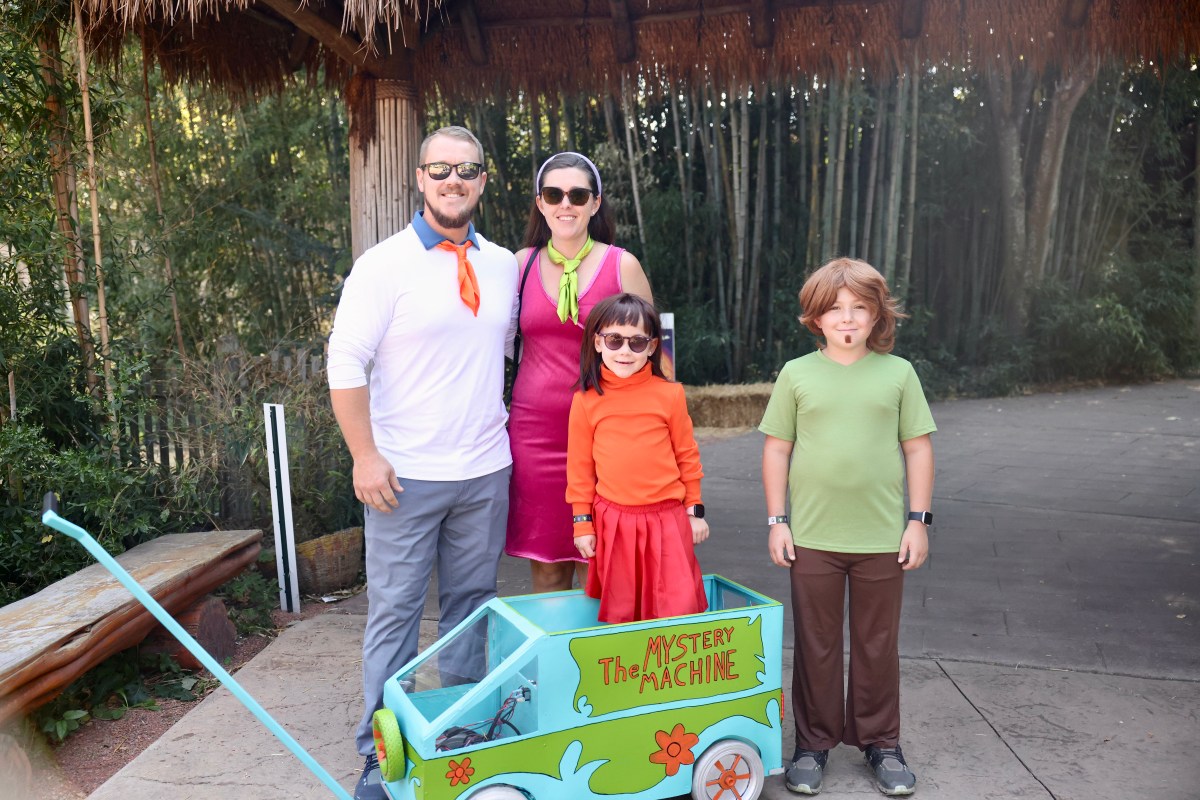 32 family-friendly Halloween events in Birmingham 5 Family dressed as Scooby-Doo characters Fred, Daphne, Velma, and Shaggy, with a girl standing in a homemade Mystery Machine cart