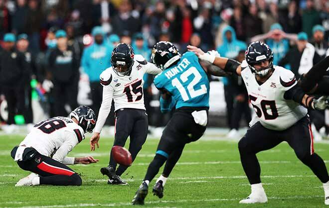 PAUL CHILDS / IMAGN IMAGES
                                Houston Texans Kaimi Fairbairn kicks the game-winning field goal as time expired against the Jacksonville Jaguars during an NFL game at Wembley Stadium in London Sunday.